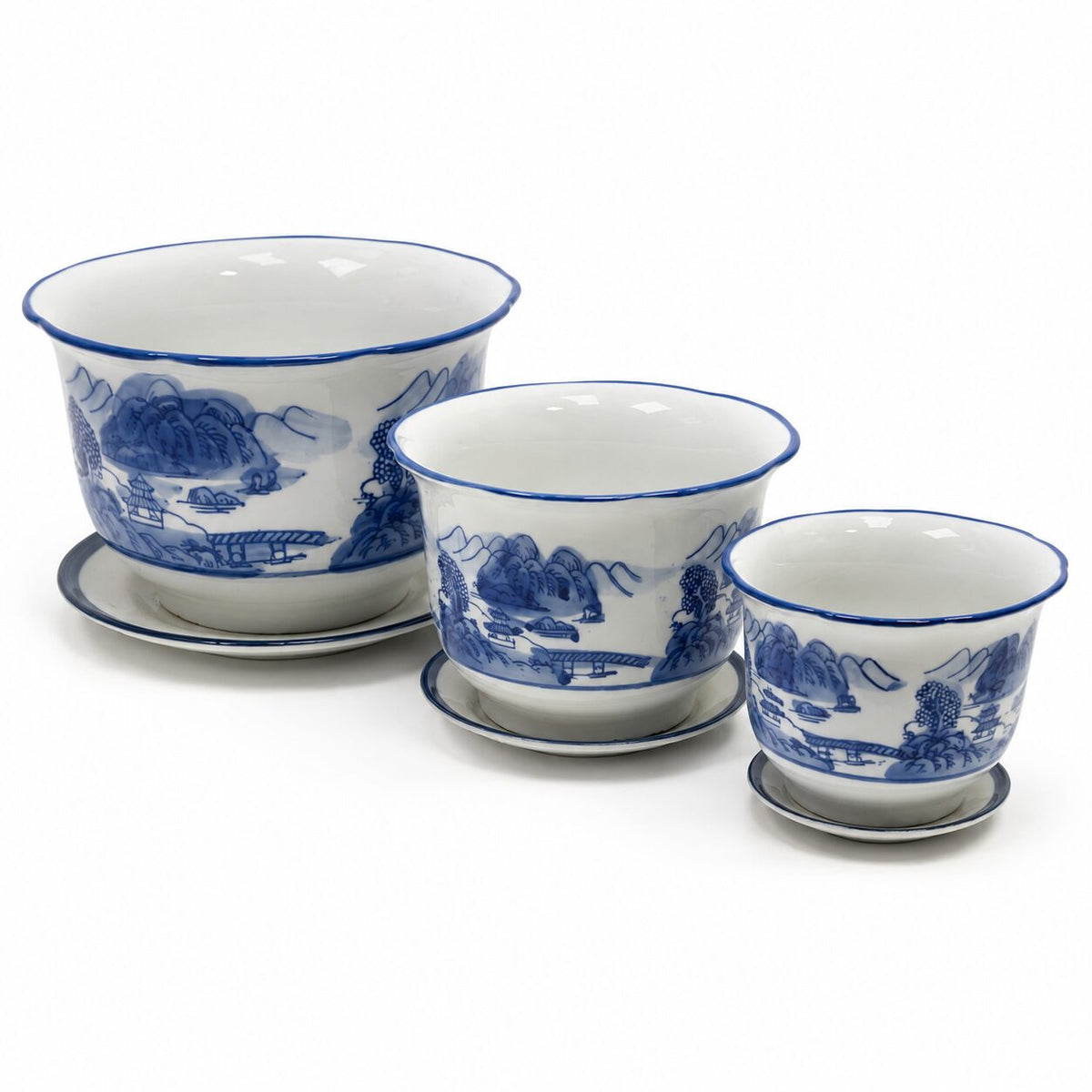 Blue & White Landscape Porcelain Planter Set of 3 with Matching Saucers