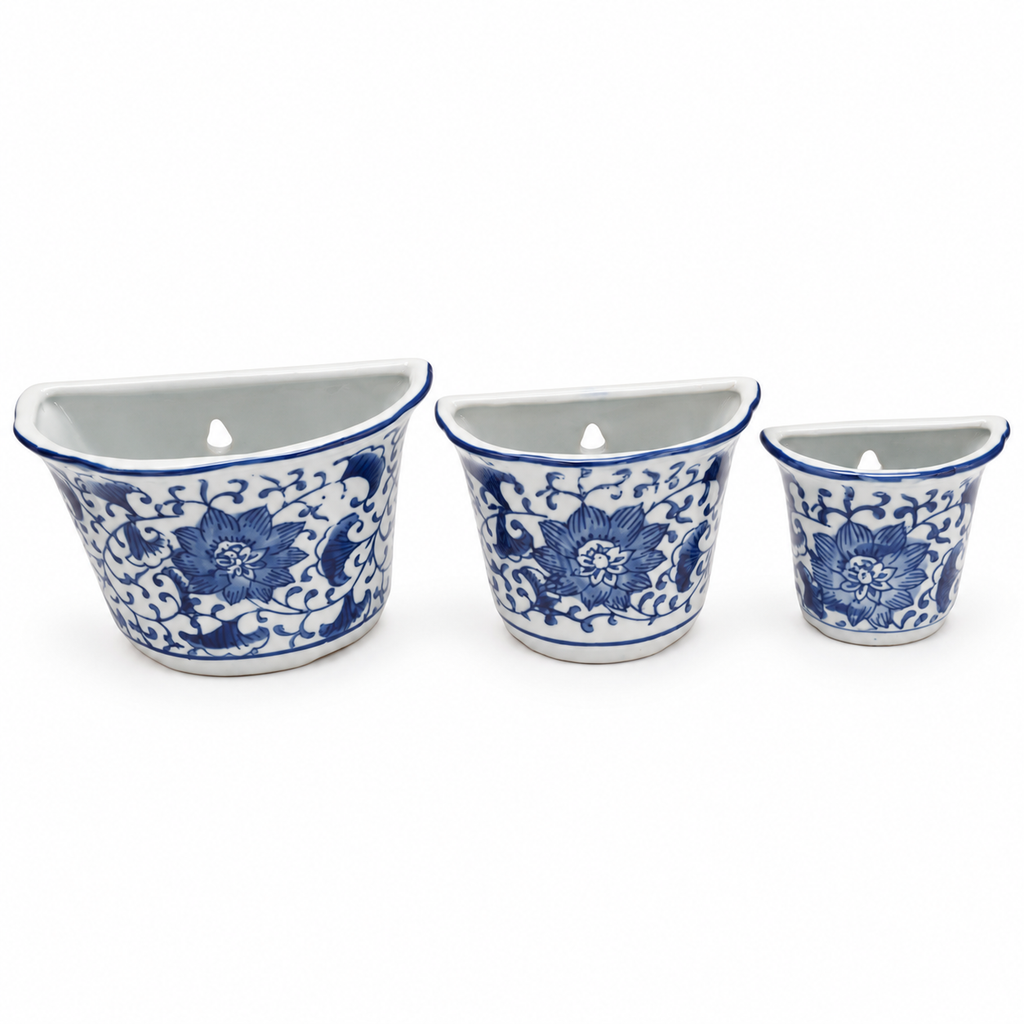 Set of 3 Blue & White Floral Wall-Mounted Half-Round Ceramic Planters