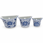 Set of 3 Blue & White Floral Wall-Mounted Half-Round Ceramic Planters