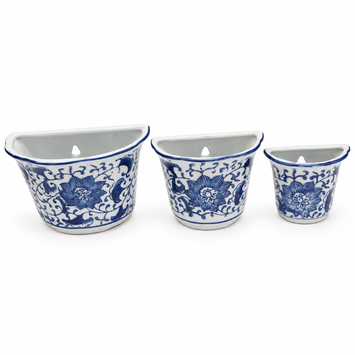 Set of 3 Blue & White Floral Wall-Mounted Half-Round Ceramic Planters