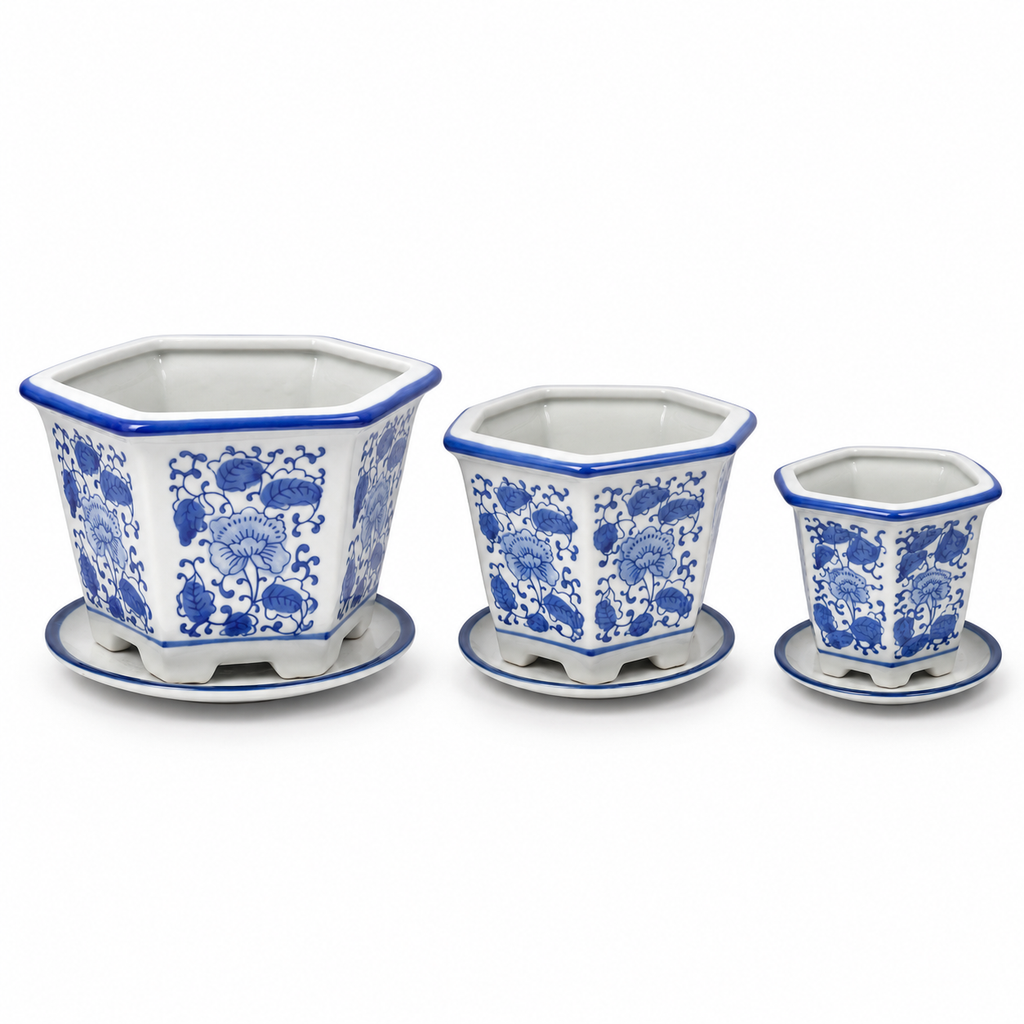 Set of 3 Blue & White Hexagonal Ceramic Planters with Saucers