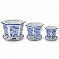 Set of 3 Blue & White Hexagonal Ceramic Planters with Saucers