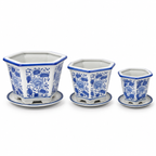 Set of 3 Blue & White Hexagonal Ceramic Planters with Saucers