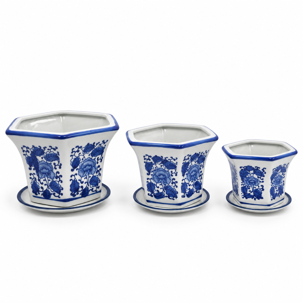 Set of 3 Blue & White Tall Flared Hexagonal Ceramic Planters with Saucers