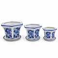Set of 3 Blue & White Tall Flared Hexagonal Ceramic Planters with Saucers