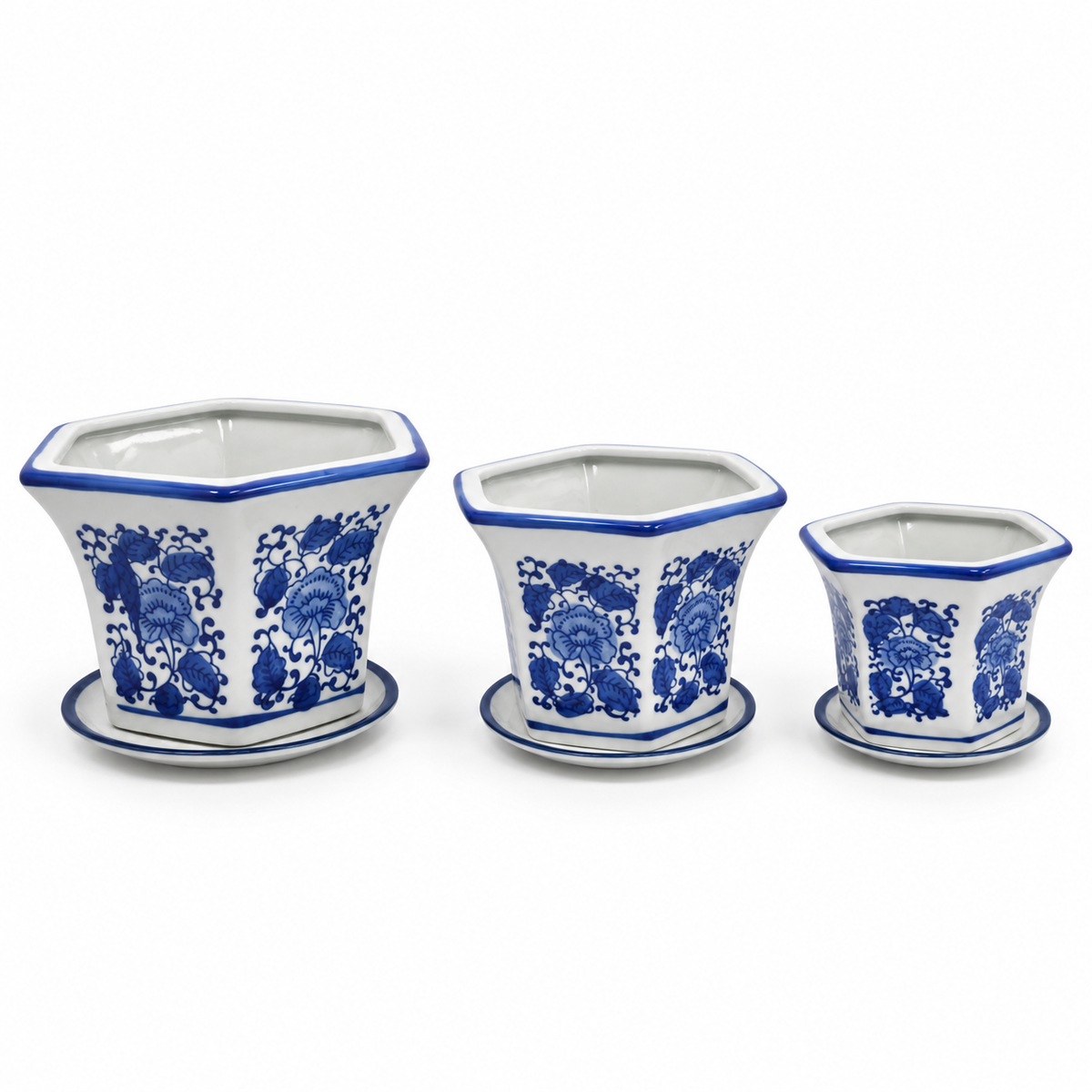 Set of 3 Blue & White Tall Flared Hexagonal Ceramic Planters with Saucers