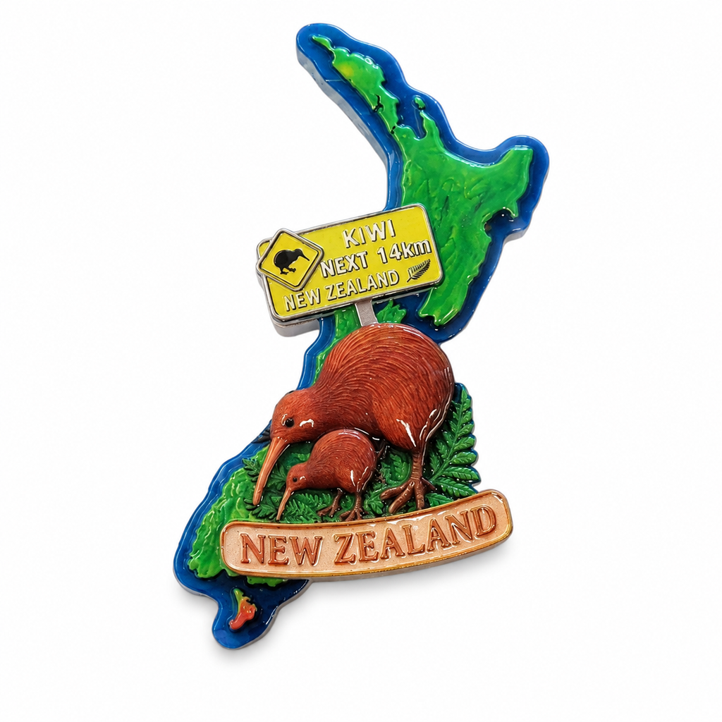 New Zealand Map & Kiwi Birds Fridge Magnet