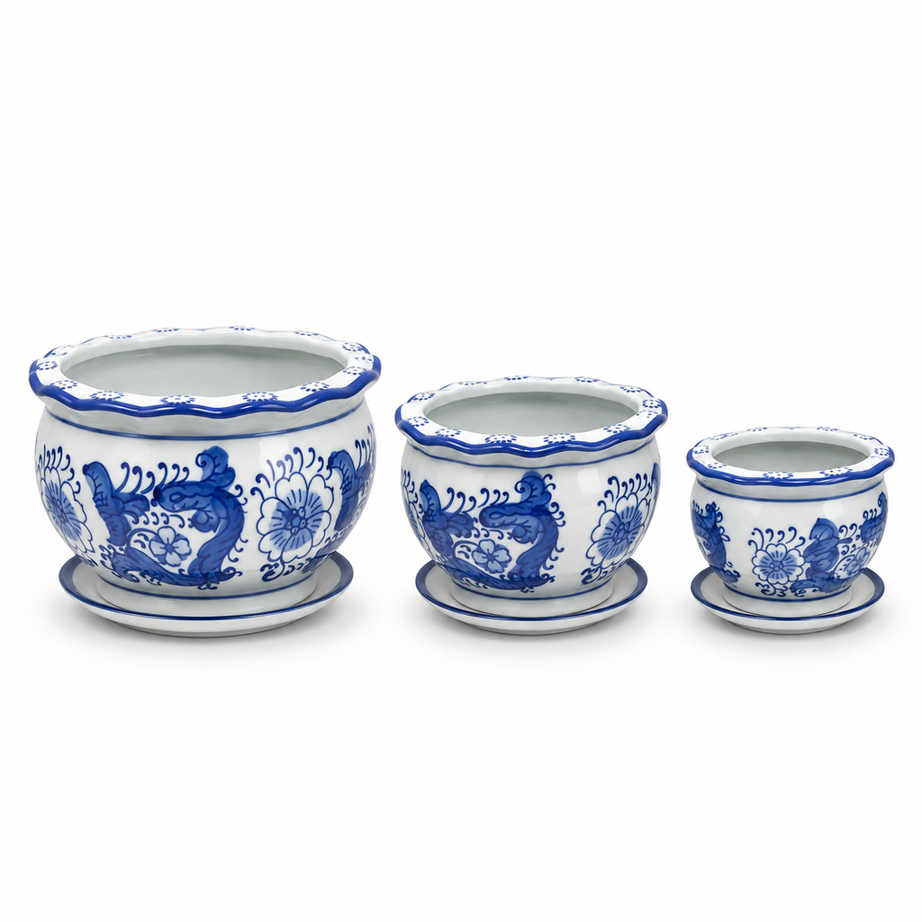 Set of 3 Blue & White Phoenix Round Ceramic Planters with Saucers