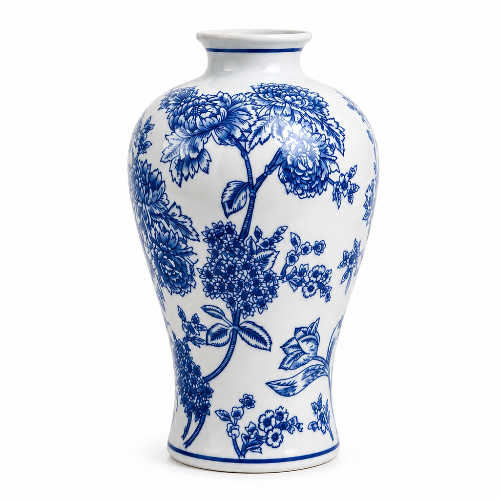 13-Inch Blue & White Floral Meiping Porcelain Vase