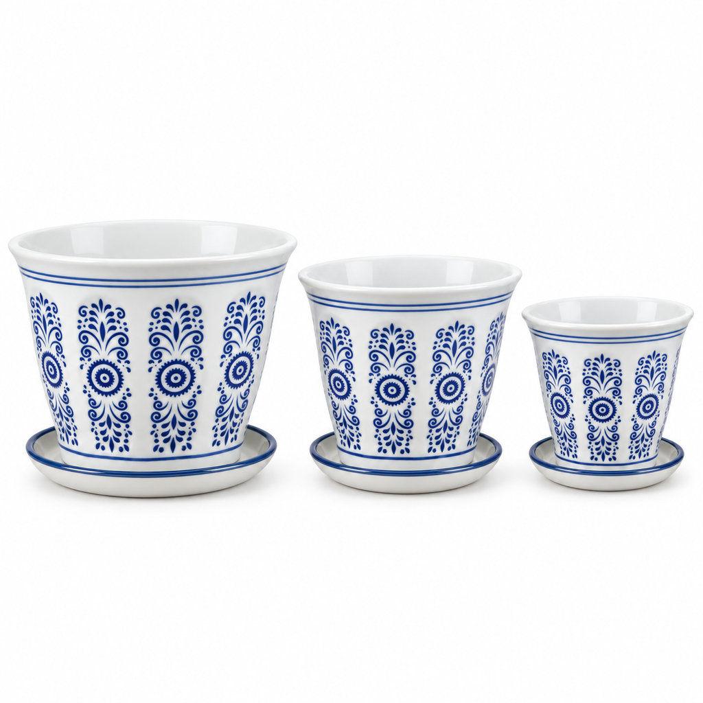 Set of 3 Blue & White Geometric Tapered Ceramic Planters with Saucers