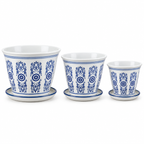 Set of 3 Blue & White Geometric Tapered Ceramic Planters with Saucers