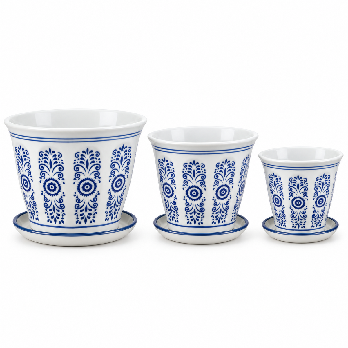 Set of 3 Blue & White Geometric Tapered Ceramic Planters with Saucers