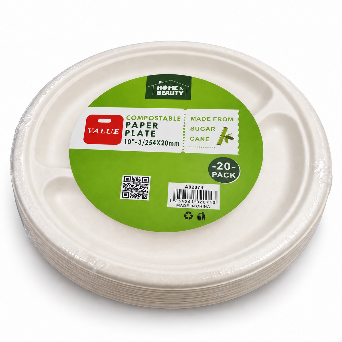 Compostable 3-Compartment Paper Plates – 10 Inch, 20 Pack