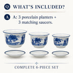 Blue & White Landscape Porcelain Planter Set of 3 with Matching Saucers