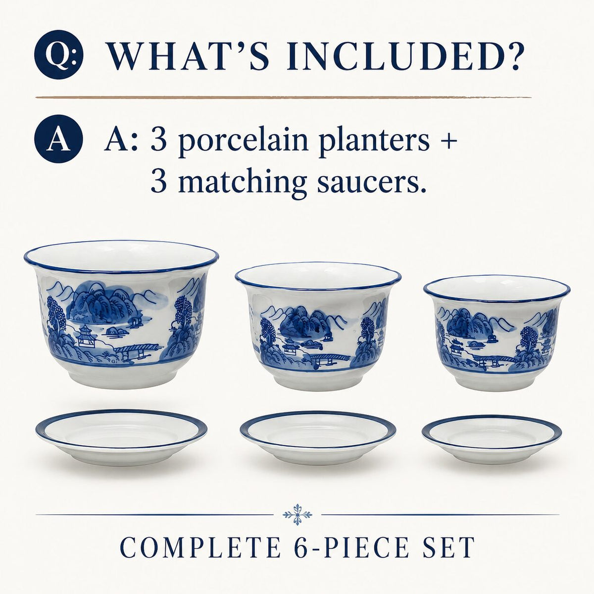 Blue & White Landscape Porcelain Planter Set of 3 with Matching Saucers