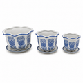 Blue & White Floral Scalloped Porcelain Planter Set of 3 with Matching Saucers