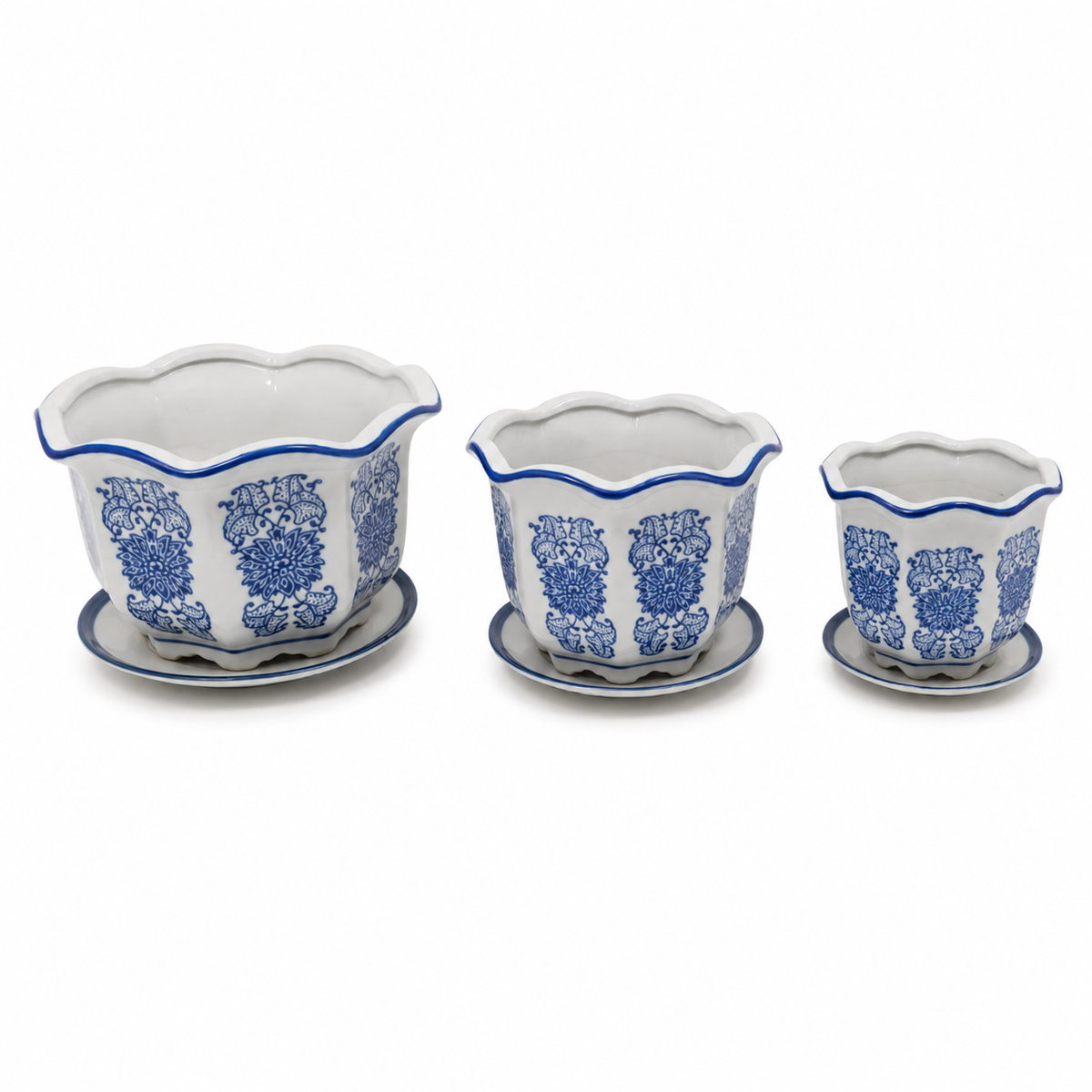 Blue & White Floral Scalloped Porcelain Planter Set of 3 with Matching Saucers