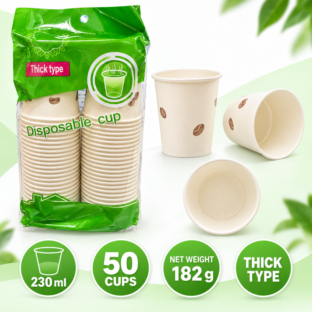 Thick Disposable Paper Cups – 230 ml, 50 Pack