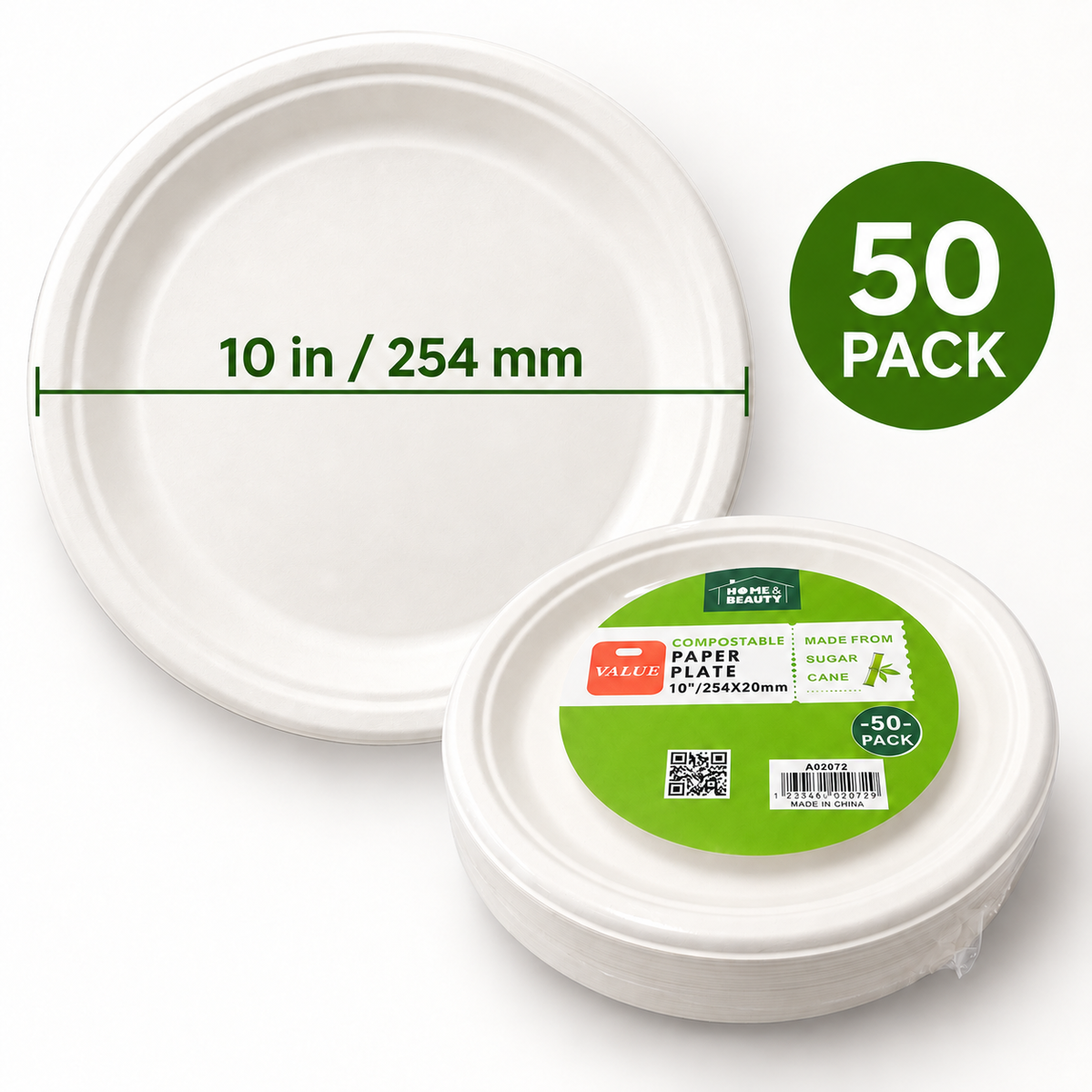 Compostable Paper Plates – 10 Inch, 50 Pack