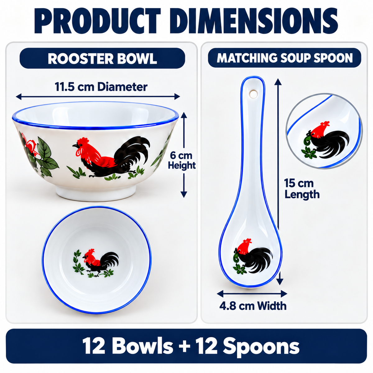 Rooster Bowl & Spoon Set – 12 Bowls + 12 Spoons