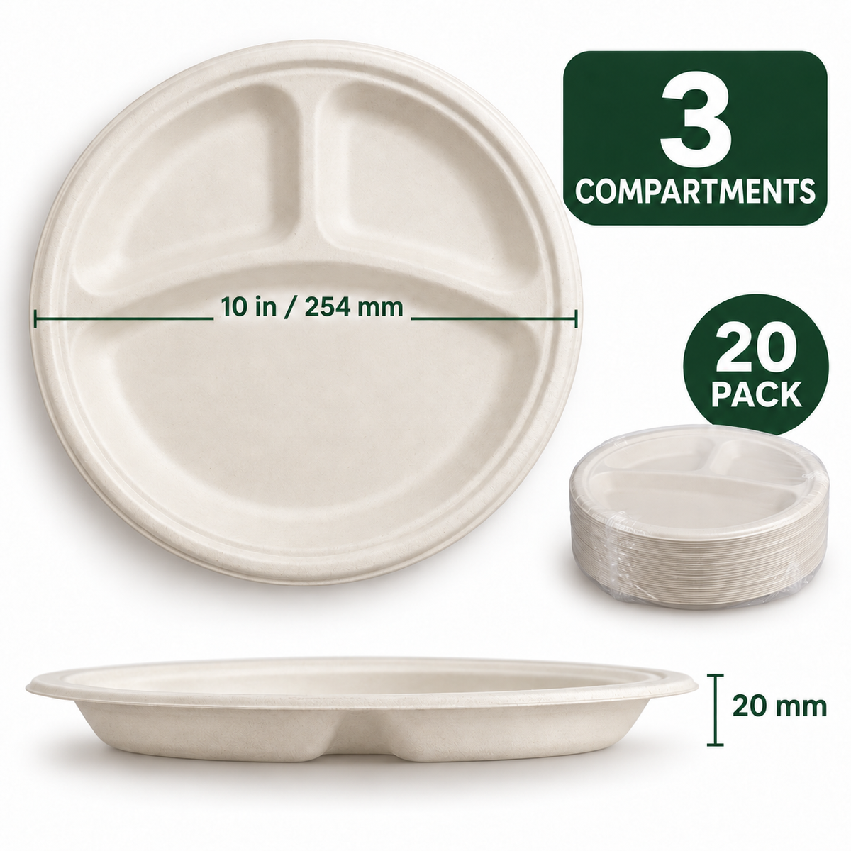 Compostable 3-Compartment Paper Plates – 10 Inch, 20 Pack