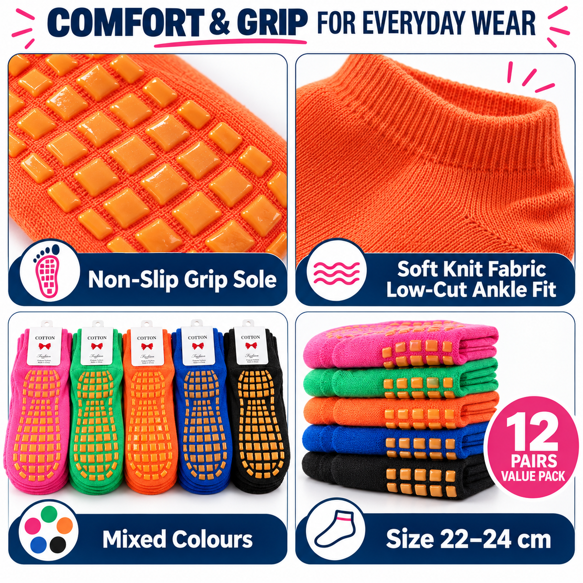 Non-Slip Ankle Socks – 12 Pairs Mixed Colours