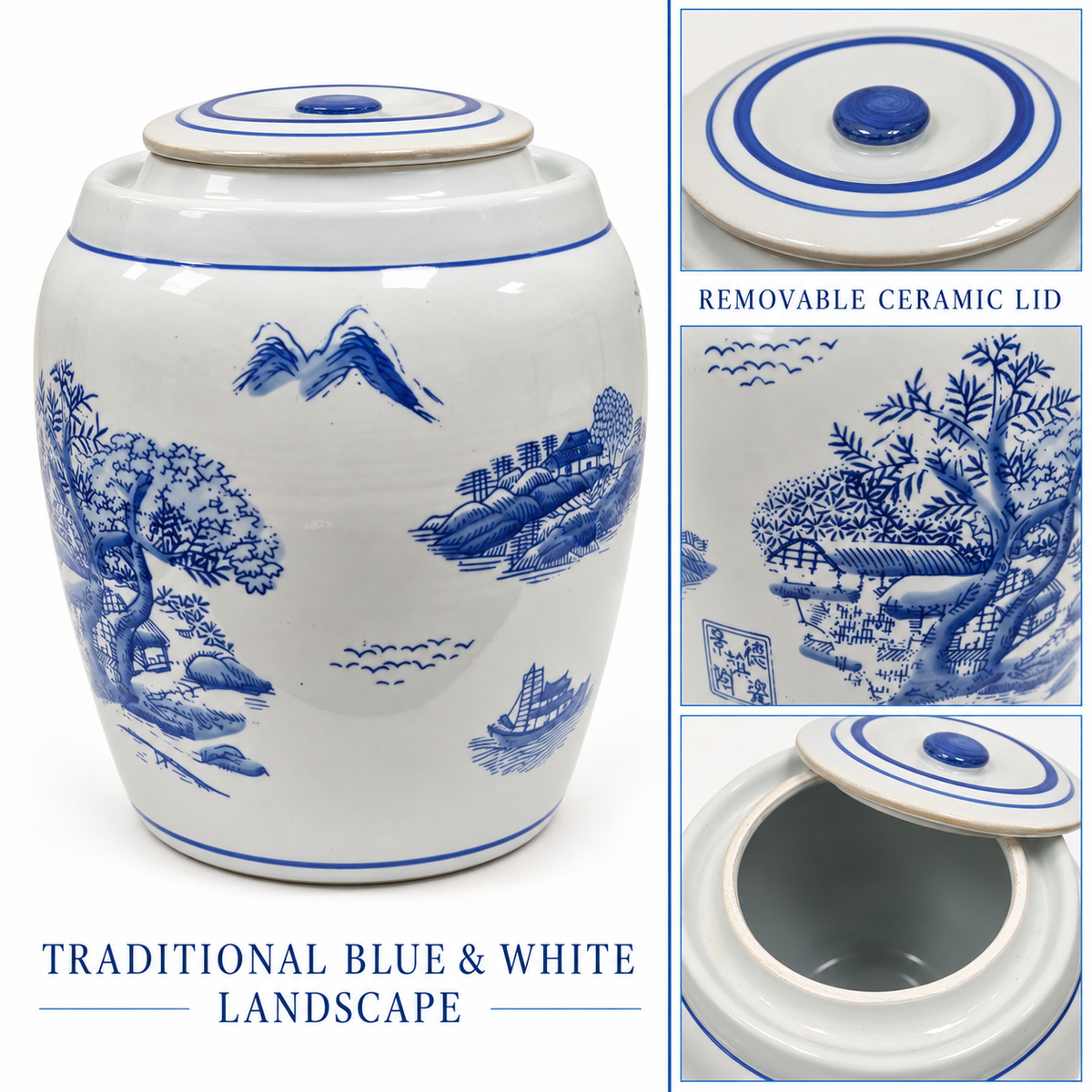 Large Blue & White Landscape Lidded Ginger Jar – 36cm