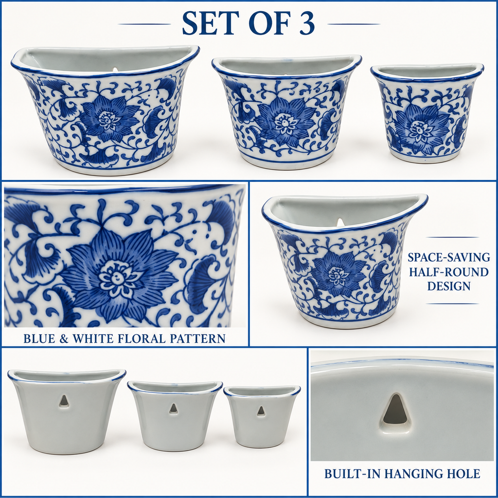 Set of 3 Blue & White Floral Wall-Mounted Half-Round Ceramic Planters