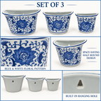 Set of 3 Blue & White Floral Wall-Mounted Half-Round Ceramic Planters