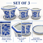 Set of 3 Blue & White Tall Flared Hexagonal Ceramic Planters with Saucers