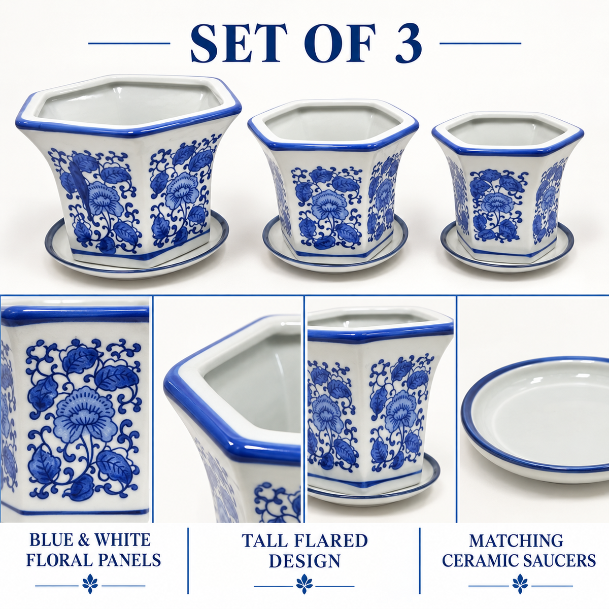 Set of 3 Blue & White Tall Flared Hexagonal Ceramic Planters with Saucers