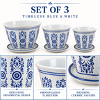 Set of 3 Blue & White Geometric Tapered Ceramic Planters with Saucers