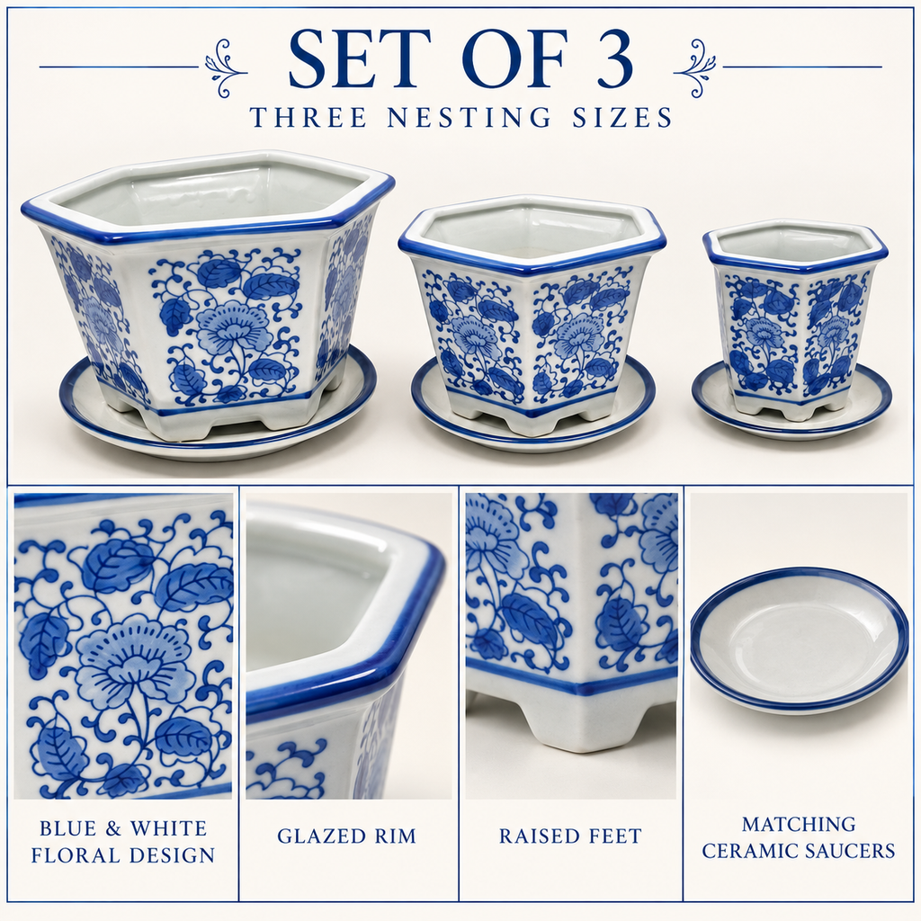 Set of 3 Blue & White Hexagonal Ceramic Planters with Saucers
