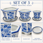 Set of 3 Blue & White Hexagonal Ceramic Planters with Saucers