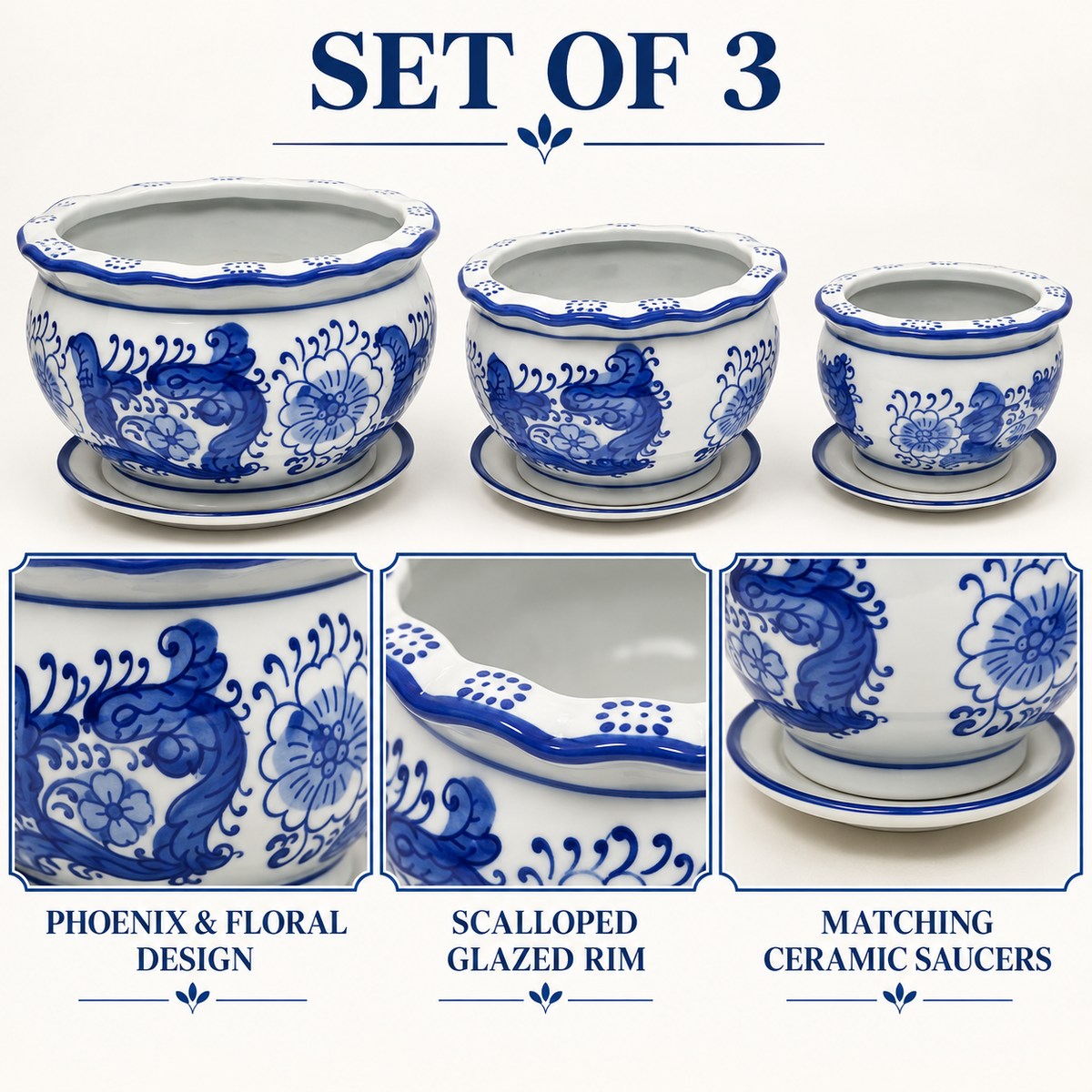 Set of 3 Blue & White Phoenix Round Ceramic Planters with Saucers