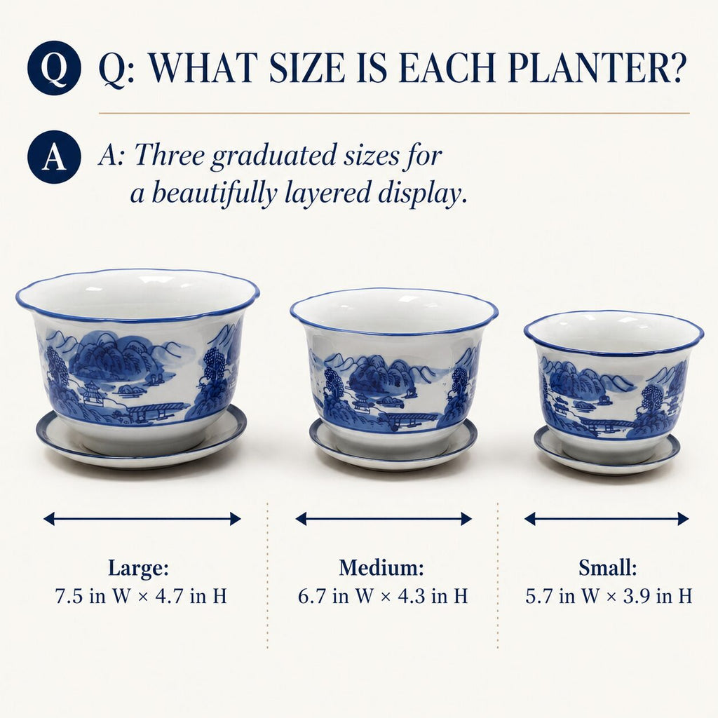 Blue & White Landscape Porcelain Planter Set of 3 with Matching Saucers