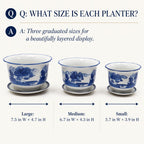 Blue & White Landscape Porcelain Planter Set of 3 with Matching Saucers