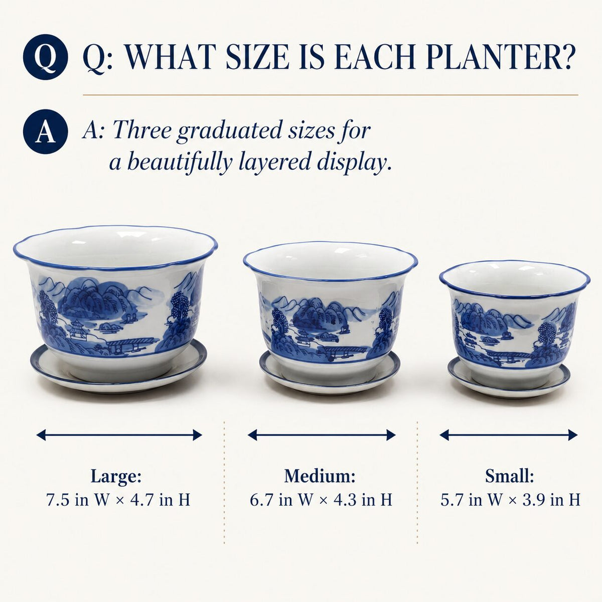 Blue & White Landscape Porcelain Planter Set of 3 with Matching Saucers