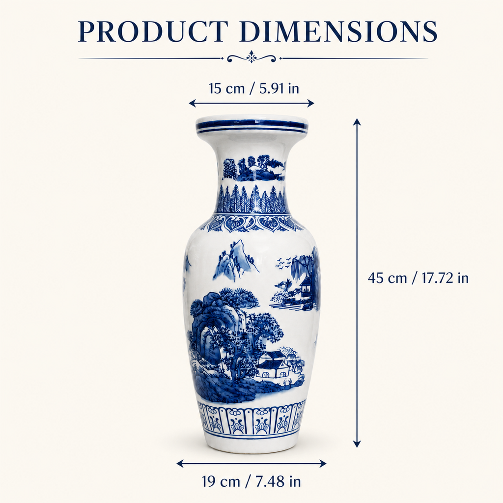18-Inch Blue & White Landscape Flower Basket Vase - 45cm