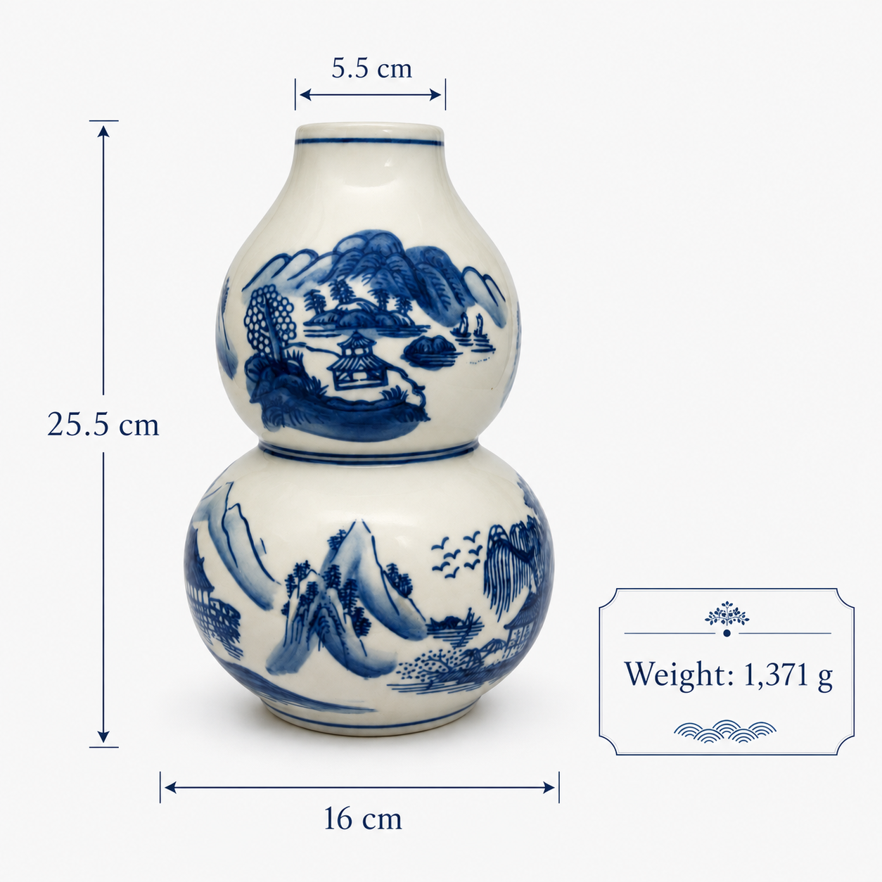 10-Inch Blue & White Double Gourd Porcelain Vase