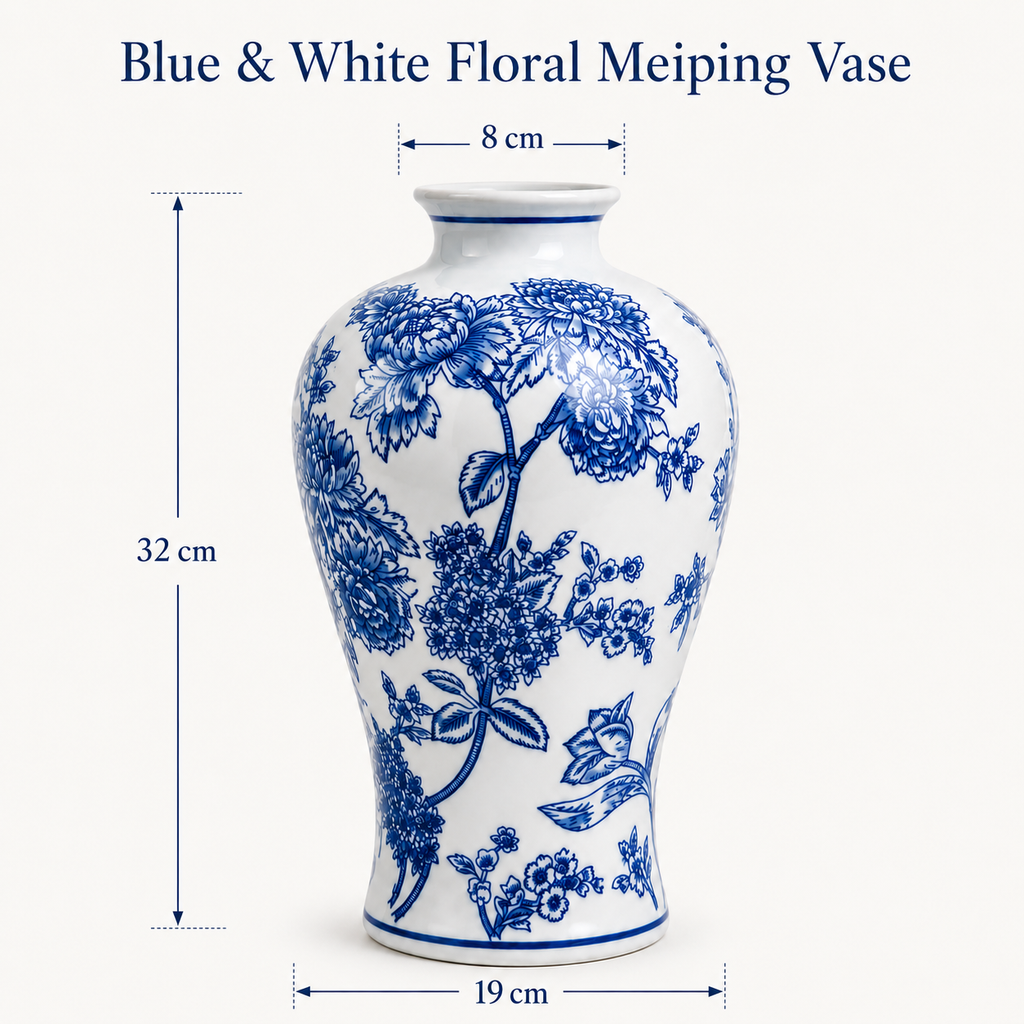 13-Inch Blue & White Floral Meiping Porcelain Vase