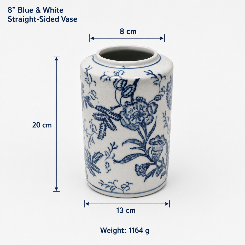 8-Inch Blue & White Porcelain Straight-Sided Vase