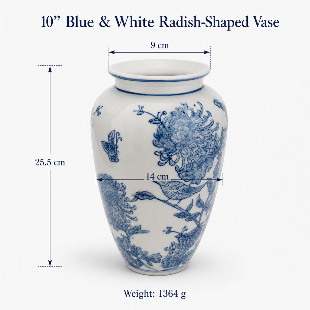 10-Inch Blue & White Radish-Shaped Porcelain Vase