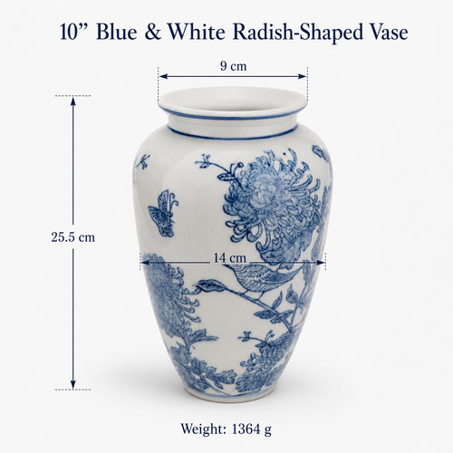 10-Inch Blue & White Radish-Shaped Porcelain Vase