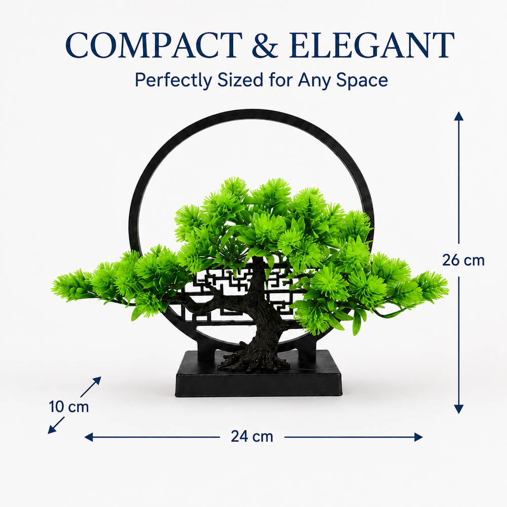 Artificial Green Bonsai Plant with Circular Frame – 26 cm