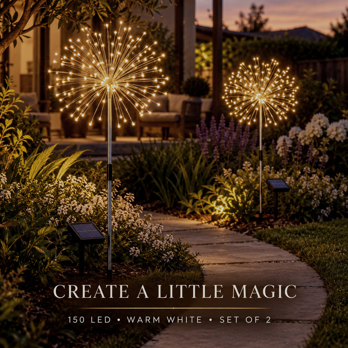 150 LED Warm White Solar Fireworks Lights – Set of 2