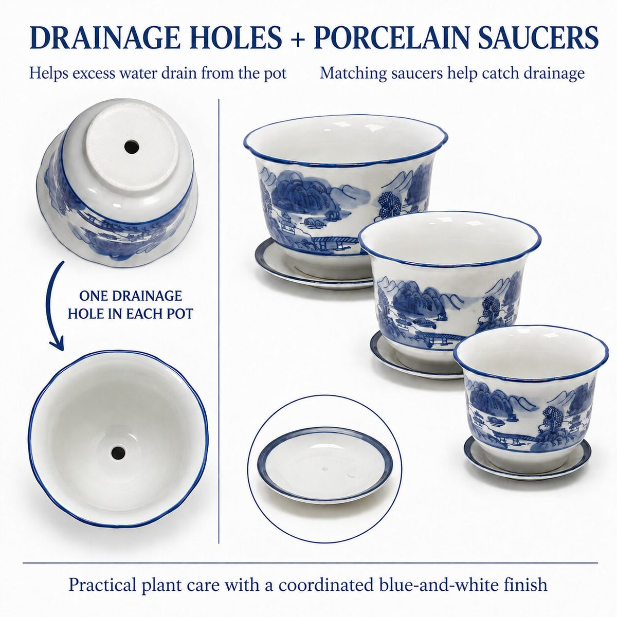 Blue & White Landscape Porcelain Planter Set of 3 with Matching Saucers
