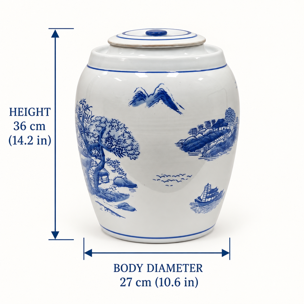 Large Blue & White Landscape Lidded Ginger Jar – 36cm