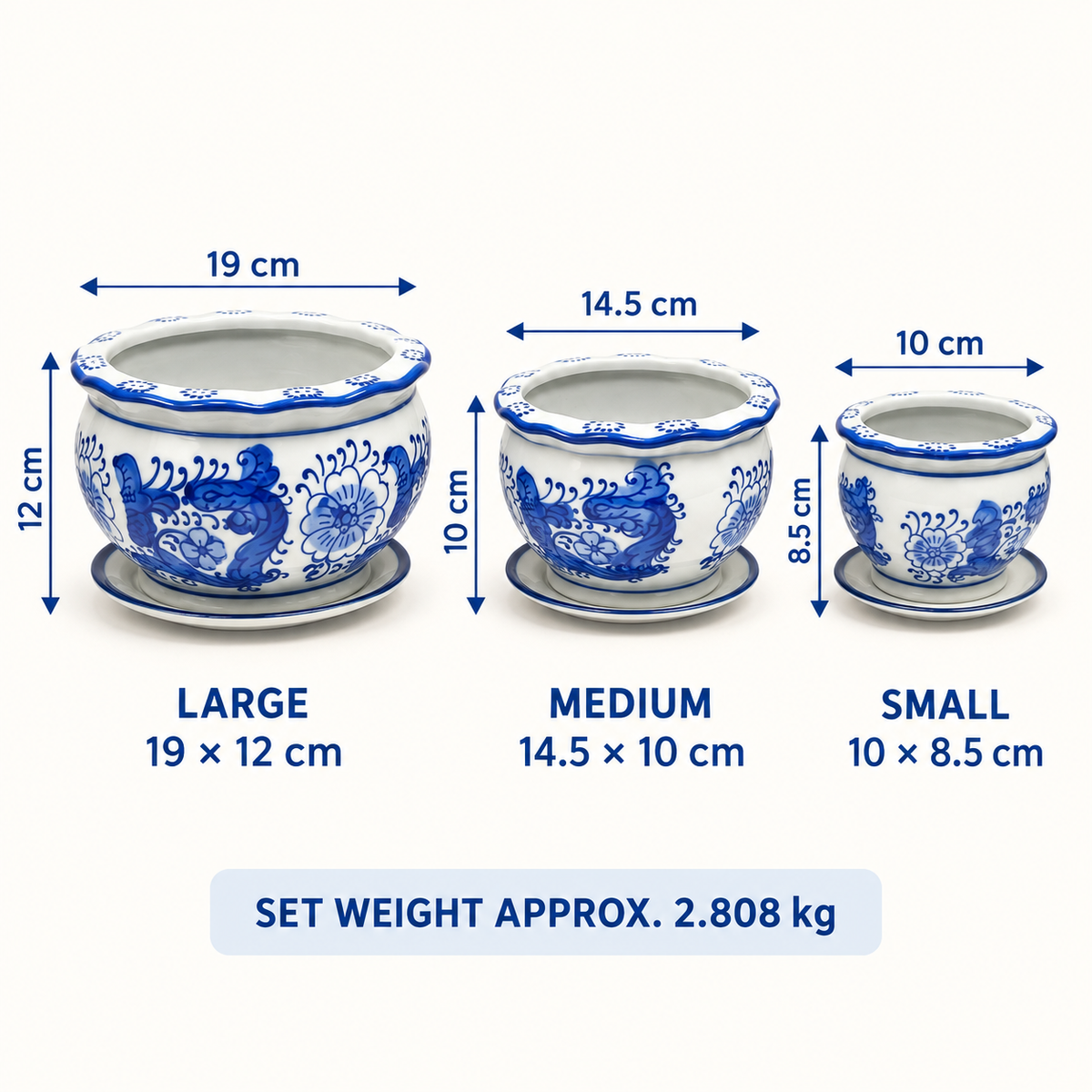 Set of 3 Blue & White Phoenix Round Ceramic Planters with Saucers