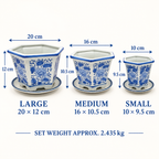 Set of 3 Blue & White Hexagonal Ceramic Planters with Saucers